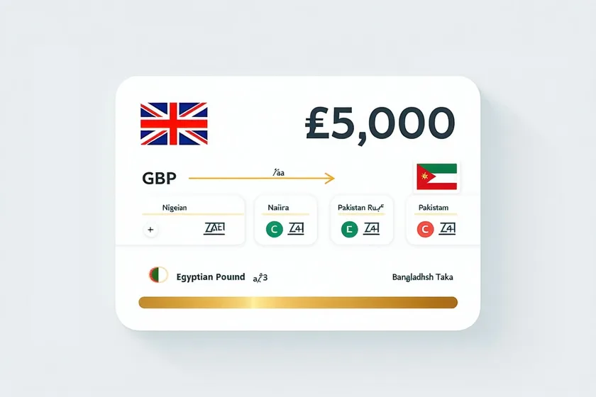 Wealth8 currency conversion interface showing GBP to Nigerian Naira and Pakistani Rupee