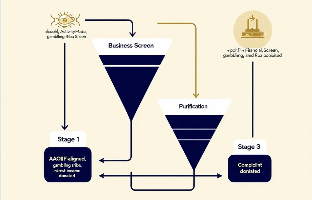 Flowchart showing Wealth8's Sharia screening process from universe to compliant portfolio